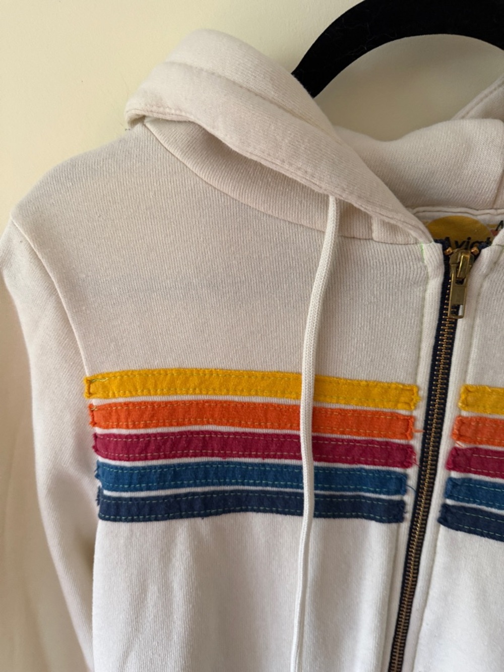 Aviator Nation Cream Zip Hoodie with Yellow, Orange, Red, Pink & Blue Stripes - Picture 2 of 8